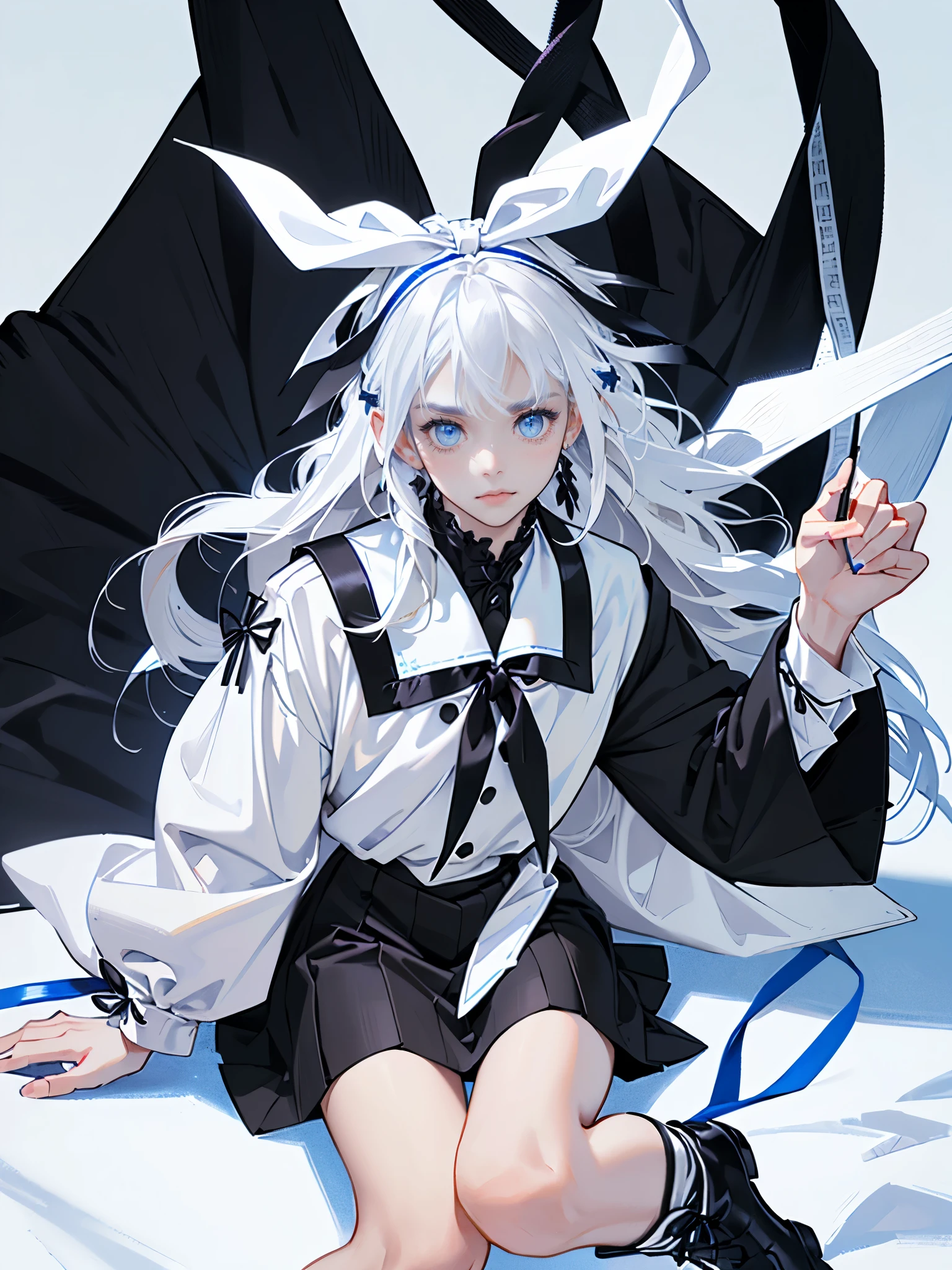masterpiece, ultra detailed, 8k portrait, RAW photo, portrait photography, highly detailed face, beautiful and meticulous eyes, (black long hair:1.5), blue eyes, (white hair band and ribbon:1.5), white center line blue military one-piece uniform, mini skirt, white tights, half boots, wariza,