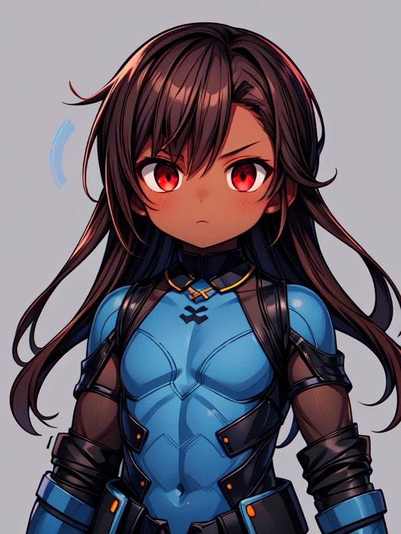 Dead or Alive Kasumi, Masterpiece High res, high definition, (((dark skin tone))),dark skin male, dark skin, cute shota,red eyes, black hairpin, brown hair, long dark brown hair, wearing a black exoskeleton,blue bodysuit,black exoskeleton ninja suit, blue design,