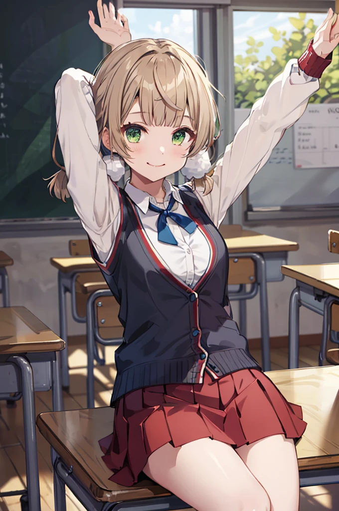 masterpiece, highest quality, High resolution, UI2, One girl, alone, Green Eyes, alone, Red Skirt, White shirt, Low twin tails, Pom-pom \(Clothes\), Collared shirt, Blue ribbon, Pleated skirt, , Long sleeve, Cardigan Cowboy Shot, Sitting, classroom, machine, Put your hands on the table, smile, Show your armpits, Raise your arms