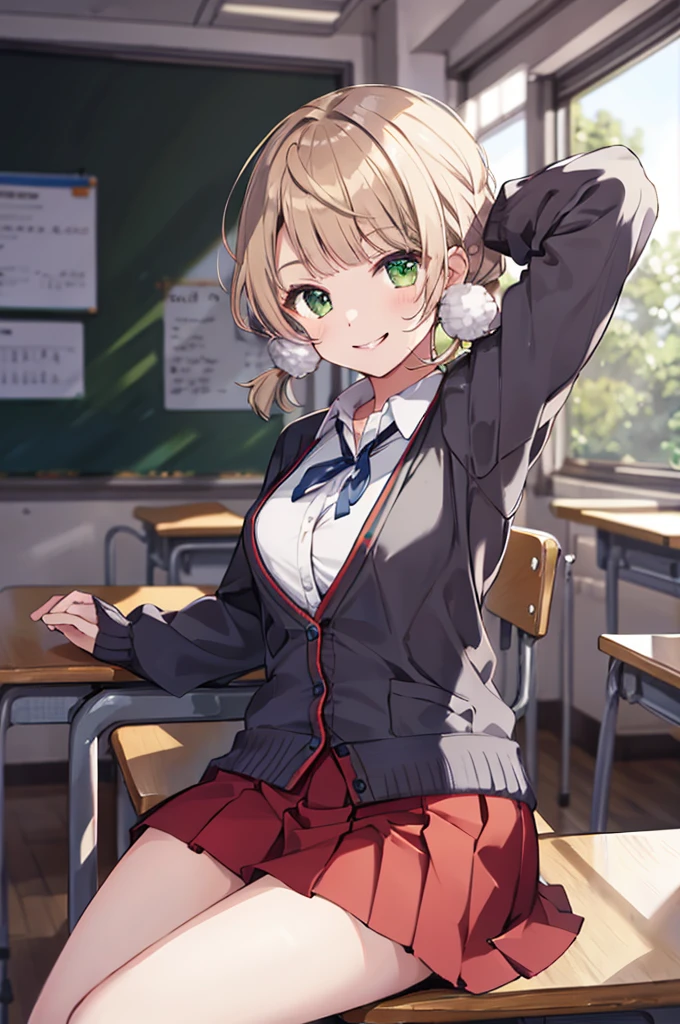 masterpiece, highest quality, High resolution, UI2, One girl, alone, Green Eyes, alone, Red Skirt, White shirt, Low twin tails, Pom-pom \(Clothes\), Collared shirt, Blue ribbon, Pleated skirt, , Long sleeve, Cardigan Cowboy Shot, Sitting, classroom, machine, Put your hands on the table, smile, Show your armpits, Raise your arms