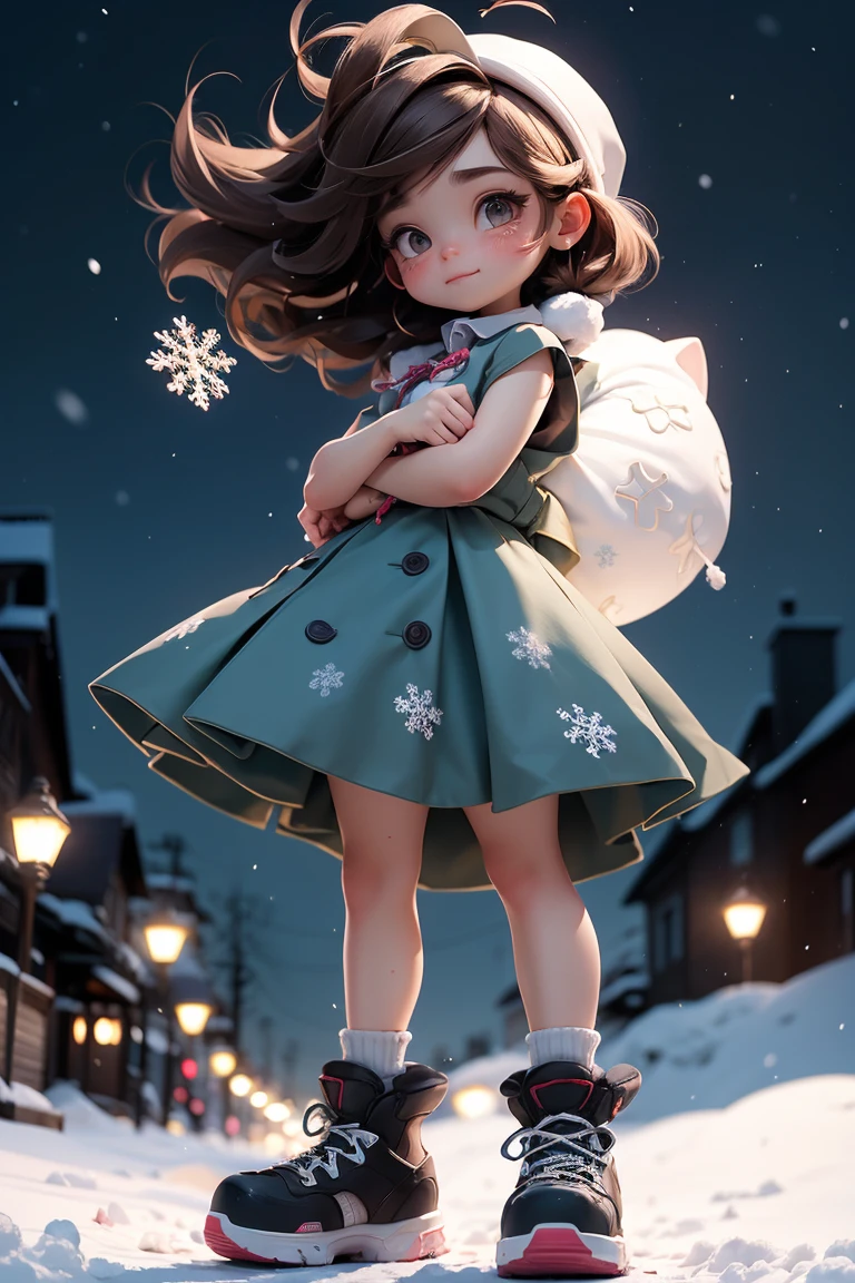 (masterpiece, best quality), 1 boy and 1 girl,Hug face to face,The boy stood and supported the girl who jumped up and hugged his neck,Girls have higher heads than boys,Feet off the ground,Dark brown messy hair,Sleeveless crewneck shirt. Short shirt,outdoor,Night view,Camera looking down from the air,snow,Large snowflakes,Street Lights,Outside the concert,Short skirt, only,whole body,panoramic,Vision,Snowflakes also appear in the foreground,