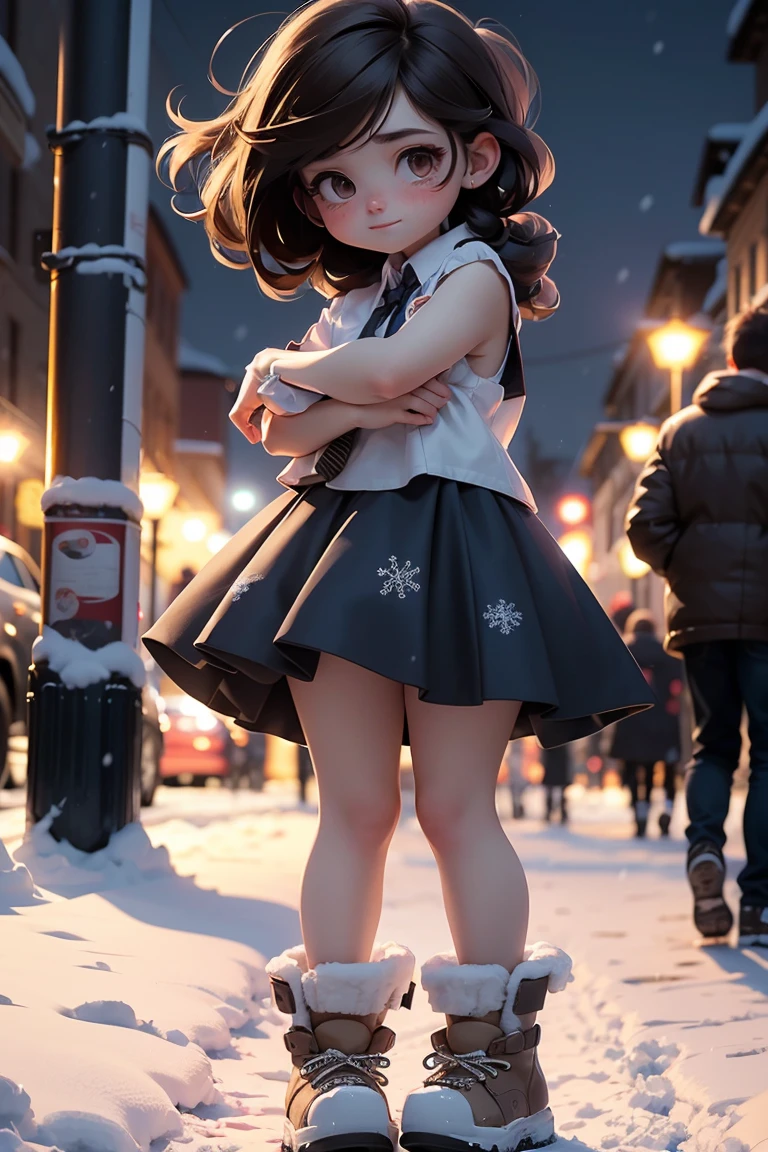 (masterpiece, best quality), 1 boy and 1 girl，Hug face to face，The boy stood and supported the girl who jumped up and hugged his neck，Girls have higher heads than boys，Feet off the ground，Dark brown messy hair，Sleeveless crewneck shirt. Short shirt，outdoor，Night view，Camera looking down from the air，snow，Large snowflakes，Street Lights，Outside the concert，Short skirt, only，whole body，panoramic，Vision，Snowflakes also appear in the foreground，