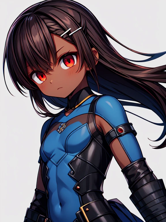 Dead or Alive Kasumi, Masterpiece High res, high definition, (((dark skin tone))),dark skin male, dark skin, cute shota,red eyes, black hairpin, brown hair, long dark brown hair, wearing a black exoskeleton,blue bodysuit,black exoskeleton ninja suit, blue design,