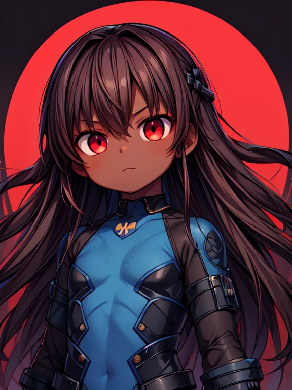 Dead or Alive Kasumi, Masterpiece High res, high definition, (((dark skin tone))),dark skin male, dark skin, cute shota,red eyes, black hairpin, brown hair, long dark brown hair, wearing a black exoskeleton,blue bodysuit,black exoskeleton ninja suit, blue design,