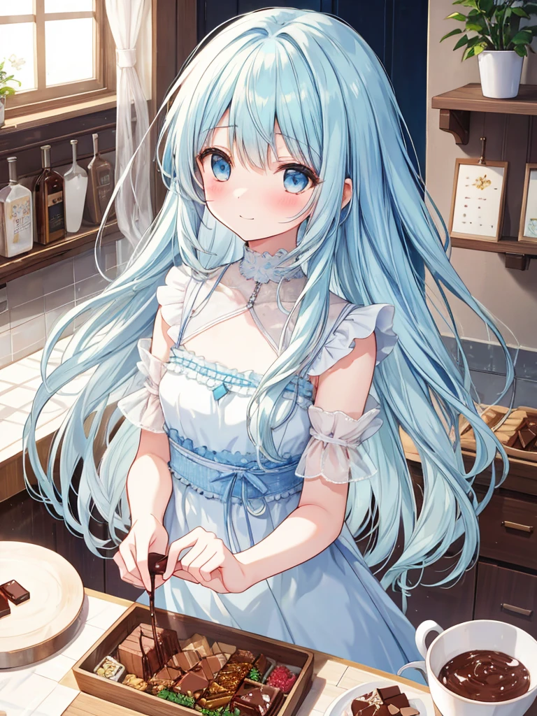 flat chest,masterpiece, best quality, extremely detailed, (illustration, official art:1.1), 1 girl ,(((( light blue long hair)))), light blue hair, , blunt bangs,, long hair ((blush)) , cute face, big eyes, masterpiece, best quality,(((((a very delicate and beautiful girl))))), small Girl,Amazing,beautiful detailed eyes,blunt bangs((((little delicate girl)))),tareme(true beautiful:1.2), ,,, affectionate smile,(8K, Raw photography, top-quality, ​masterpiece:1.2),Valentine's Day Preparation: An anime character in a cozy, warmly lit kitchen, surrounded by ingredients and utensils for making chocolates. The character is focused on pouring melted chocolate into heart-shaped molds, with ribbons, wrapping paper, and small cards scattered around, suggesting the preparation of personalized gifts. The ambiance is one of anticipation and joy, as the character prepares these tokens of affection.
