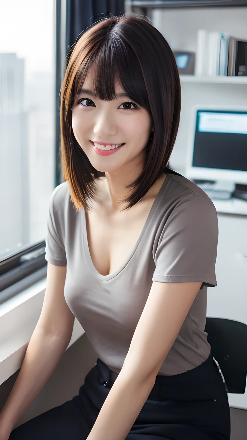 (masterpiece, best quality, CG, 8K, super detailed skin, shiny skin), soft lighting, sharp focus, in the office, with a desk, bob hair, blunt bangs, 30yo, Japanese women working in an office, (((A women wearing a white Deep V-Neck T-shirt inside a Slim Fit black Suit))), ((slim body, Black Skinny Pant, full body)), smile,