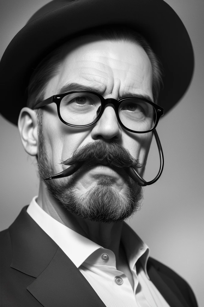 (best quality,4k,8k,highres,masterpiece:1.2),realistic,portrait,vivid colors,mysterious lighting,medium:charcoal sketch,man with mustache,cigarate,mafia,black glasses,sharp focus,stern expression,dark background,confident stance,casual suit,smoke rising from cigar,sharp features,faint smile,stylish hat,subtle shadows,lining details,intense gaze,oil painting texture,mysterious atmosphere
