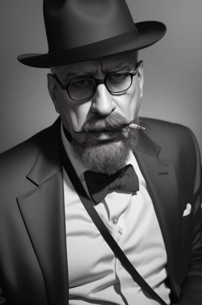 (best quality,4k,8k,highres,masterpiece:1.2),realistic,portrait,vivid colors,mysterious lighting,medium:charcoal sketch,man with mustache,cigarate,mafia,black glasses,sharp focus,stern expression,dark background,confident stance,casual suit,smoke rising from cigar,sharp features,faint smile,stylish hat,subtle shadows,lining details,intense gaze,oil painting texture,mysterious atmosphere