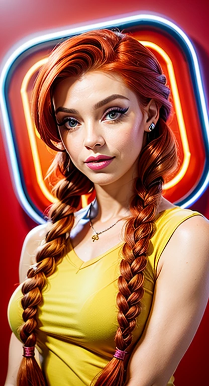 mulher arafed com cabelo vermelho e uma luz roxa neon, aluna hiperrealista, uma aluna hiperrealista, red braided hair, Complex red braided hair, ela tem cabelos ruivos, cabelos vermelhos brilhantes, plaits,  do cabelo vermelho, Hairstyle Braids, inspirado em Daphne Fedarb,  de cabelos vermelhos, red head, pigtail, pia sadie