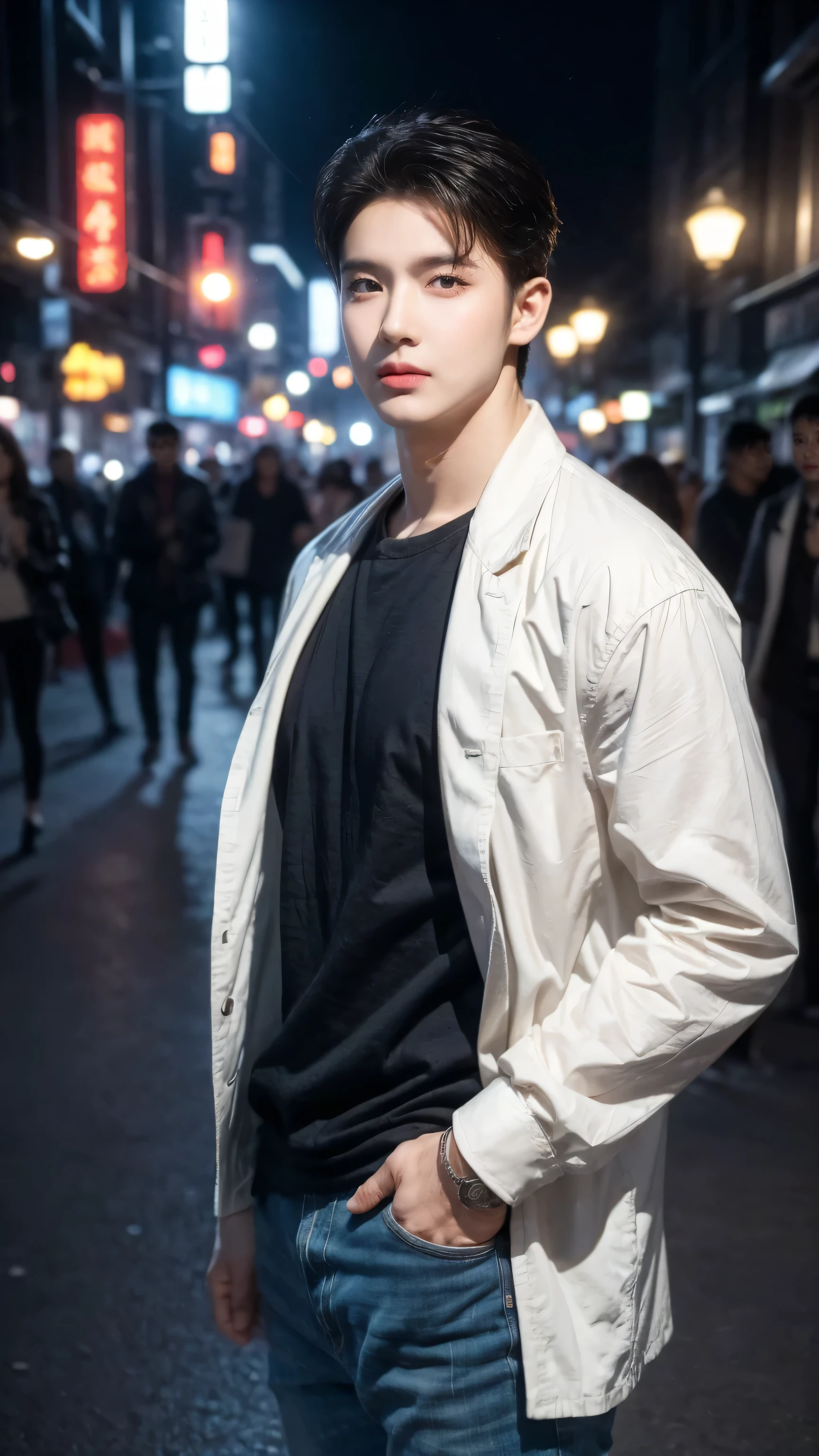 ((masterpiece)),(((best quality))),(Character Design Sheet,Same role,front,side,retreat),iRAW photos, 25-year-old portrait.o Men in casual clothes, night, City Streets, (Highly detailed skin:1.2), 8K Ultra HD, DSLR camera, soft light, high quality, Film Grain, Fuji XT3
