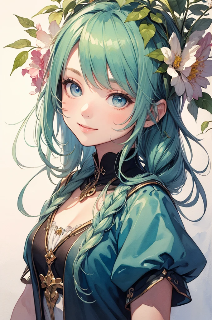 (masterpiece、highest quality、highest quality、Beautiful and beautiful:1.2)、Good anatomy、(Watercolor 1.5)、Composition looking up from a low position、Wide blue sky、Drawing of a girl with braided hair、Round beautiful eyes、Beautiful smile、Flower Fairy、Flower-sized body、pure、Charm、Fantasy、Botanical Art