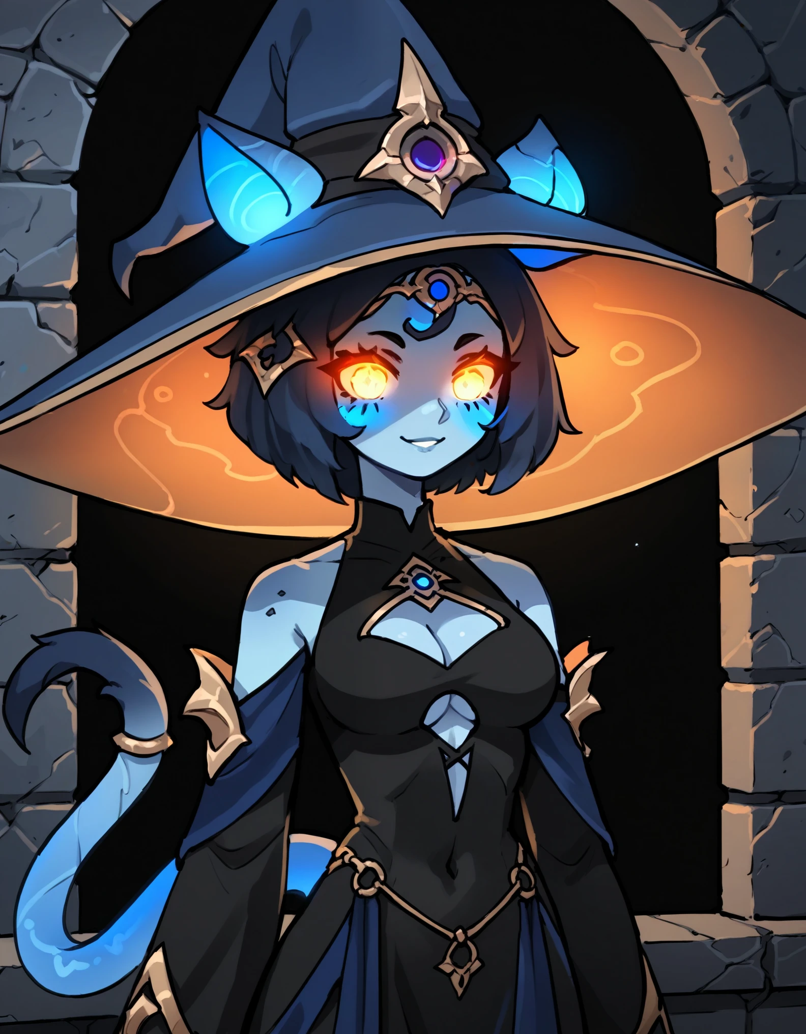 (score_9, score_8_up), score_7_up, solo, zPDXL, SqueakyStyle, (1girl), (blue skin), colored skin, masterpiece, best quality, glowing eyes, Smouldie, dark hair, short hair, tail, animal ears, blue hat, witch hat, long dress, black dress, cleavage cutout, silver ornament, glowing eyes, smile, upper body, indoors, stone walls, alchemy, fantasy, solo