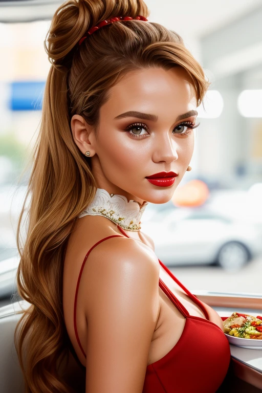 portrait photo of JoSkriver beautiful woman hair , double bun,  serving food at a diner, full red lips, (masterpiece) (best quality) (detailed) (8k) (HDR) (wallpaper) (cinematic lighting) (sharp focus) (intricate)