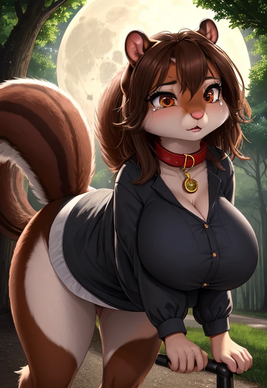 beautiful lights and shadows, ambient light, ultra detailed fur, volumetric light 4K, 8k, uhd, worried expression, tears in eyes, (feral squirrel:1.4), cute face, heavy makeup, eyeliner, large breasts, (wearing clothes:1.2), four legged, (quadrupedal:1.5), thin, brown hair, red collar, on tree lined road, full moon