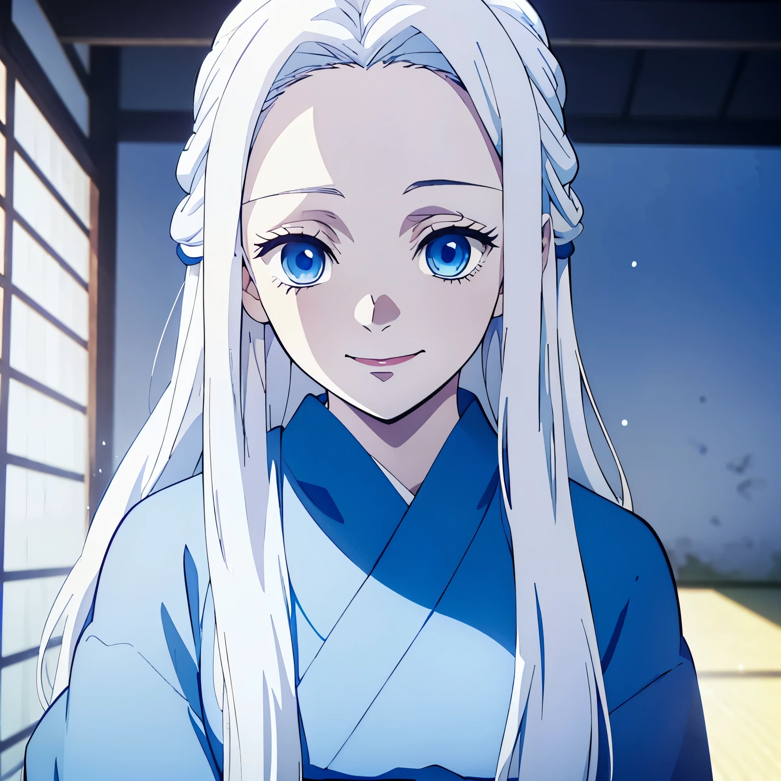 (1 girl, White long straight hair, blue eyes), blue kimono, white hair, (from front), face focus, a happy look, sunlights, (half-up half-down hairstyle), Japanese animation color style, day time, (16 years old girl), run, 