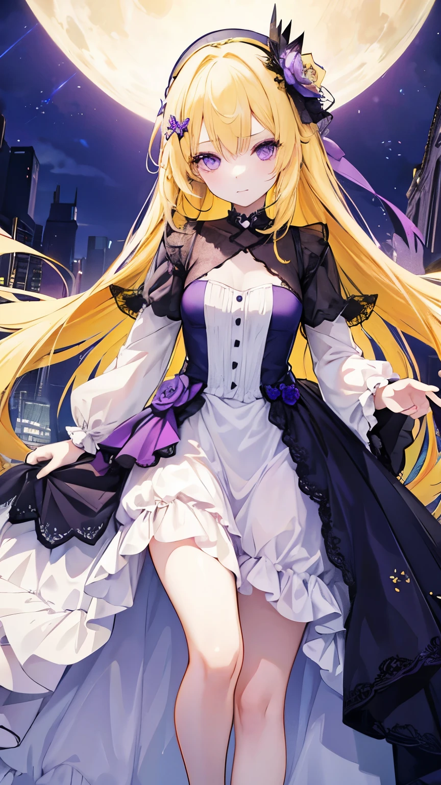 a girl with long yellow hair, purple eyes, and wear a nice fantacy gown. 