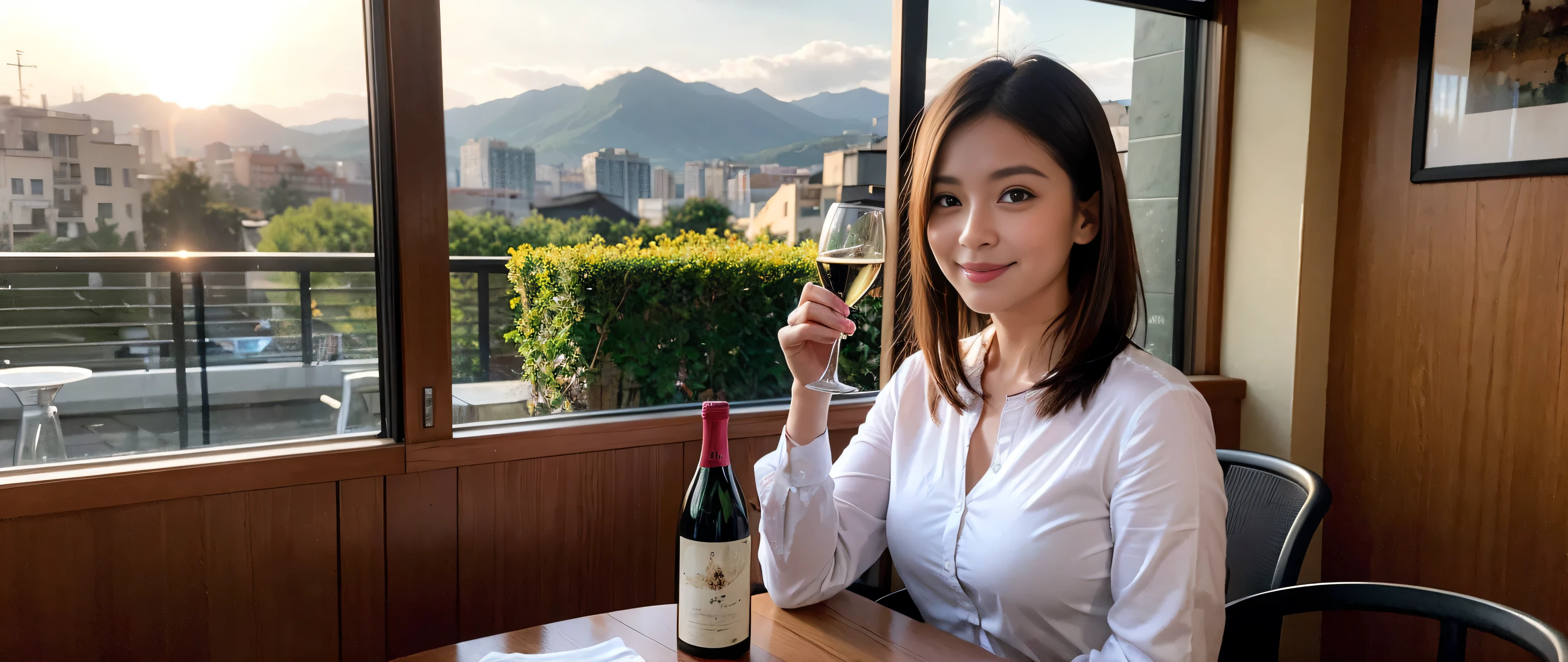 ((highest quality、8k、masterpiece:1.3))、Sharp focus:1.2、Beautiful woman perfect body:1.4、Slim body、((Bob Hale、Straight hair:1.2))、(to be born, highest quality, masterpiece:1.5), (Realistic, Intricate details:1.2), Ultra-high resolution, Shine light on your face、Amazing view of the sunset sky and clouds、Amazing mountain views、A bright smile、A lovely woman with a smile、Bright image、2. The beauty of wine, Beautiful Face, blue eyes, The light shines on your face, Blushing, short hair,Bright Face、Fox face、 (46 years old), 39 years old, Lady、red wine 、Appetizers、Italian food、Wine bottle、Champagne、sparkling wine、Two beauties、Brown Hair、Shortcuts、Long sleeve shirt、dress、Pretty Woman 1, (Slim face), (The body is slim), (Brown Hair), (Shortcuts), cheeks turn a little red,Attractive beauty、, Out of the window, A beautiful and detailed night view unfolds.........., restaurant, In a prominent place (From the waist up) Nova Frog Style, actress, model, Upper Body, White wine, slim, wine glass, A wine glass placed in the middle, smile, (smile: 1.15), Beautiful fine grain, Depth f/2,saturation, High Contrast, Strong light and shadow,Moist Body:1.5、3D texture、Delicate eyes、Brown Hair、The hair is very shiny、