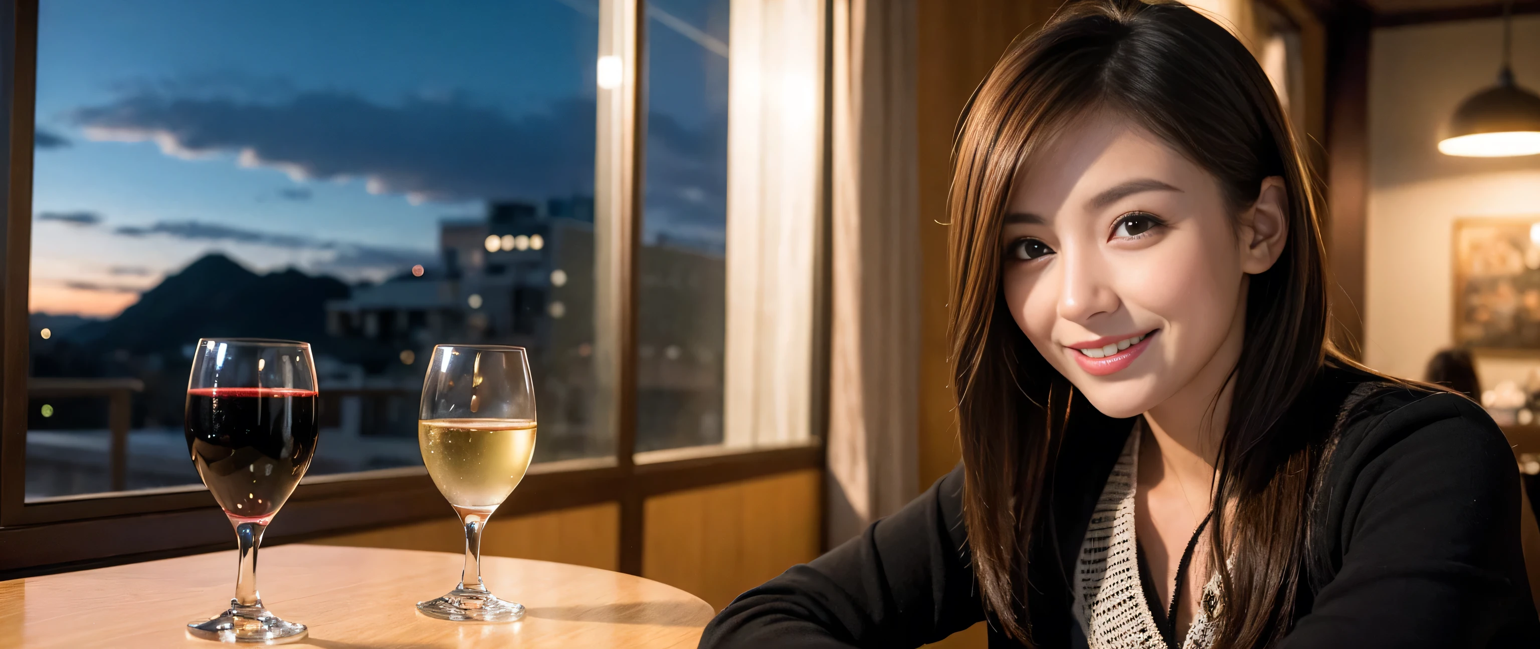 ((highest quality、8k、masterpiece:1.3))、Sharp focus:1.2、Beautiful woman perfect body:1.4、Slim body、((Bob Hale、Straight hair:1.2))、(to be born, highest quality, masterpiece:1.5), (Realistic, Intricate details:1.2), Wine glass on the table、shine a light on your face、 Amazing view of the sunset sky and clouds、Amazing mountain views、A bright smile、A lovely woman with a smile、Bright image、2. The beauty of wine, Beautiful Face, blue eyes, The light shines on your face, Blushing, short hair,Bright Face、Fox face、 (43 years old), 39 years old, Lady、red wine 、Appetizers、Italian food、Wine bottle、Champagne、sparkling wine、Two beauties、Brown Hair、Shortcuts、Long sleeve shirt、dress、Pretty Woman 1, (Slim face), (The body is slim), (Brown Hair), (Shortcuts), cheeks turn a little red,Attractive beauty、, Out of the window, A beautiful and detailed night view unfolds.........., restaurant, In a prominent place (From the waist up) Nova Frog Style, actress, model, Upper Body, White wine, slim, wine glass, A wine glass placed in the middle, smile, (smile: 1.15), Beautiful fine grain, Depth f/2,saturation, High Contrast, Strong light and shadow,Moist Body:1.5、3D texture、Delicate eyes、Brown Hair、The hair is very shiny、