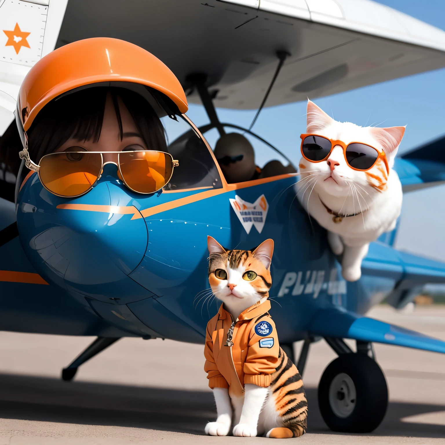 Chubby cute orange pilot cat in a flight suit，Wearing sunglasses，Preparing for aerobatics。