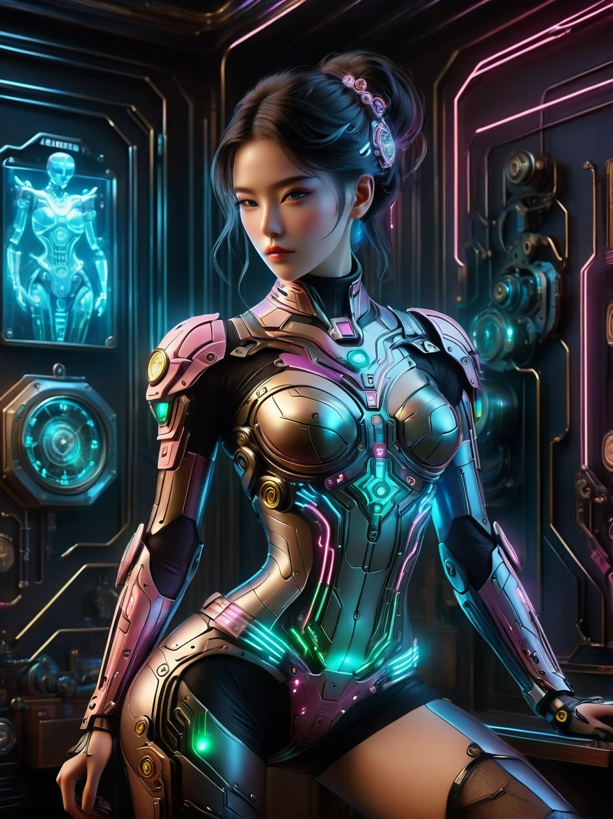 Beautiful female mecha, Translucent mech, Iridescent neon color wiring diagram and LEDs all over face and body, Photo frames and backgrounds mixed and fused with steampunk, Cyberpunk and Clockpunk, Background Analysis Room, (Full body shot), (Mechanical shoes:1.2), (Black laser stockings), Super Fine, Unbelievably ridiculous, Extremely detailed, Delicate and dynamic, Surrealism, rococo style, Cubist Futurism, Futurism, first-person view, pov, (anatomically correct), best quality, 8k, UHD, masterpiece, ccurate, textured skin, super detail, award winning, best quality
