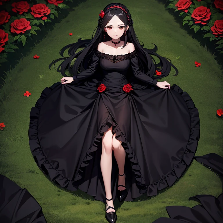 Black dress, a red rose is braided in her hair , dark hair, heels , a field of flowers in the background , sun , 8K best graphics,