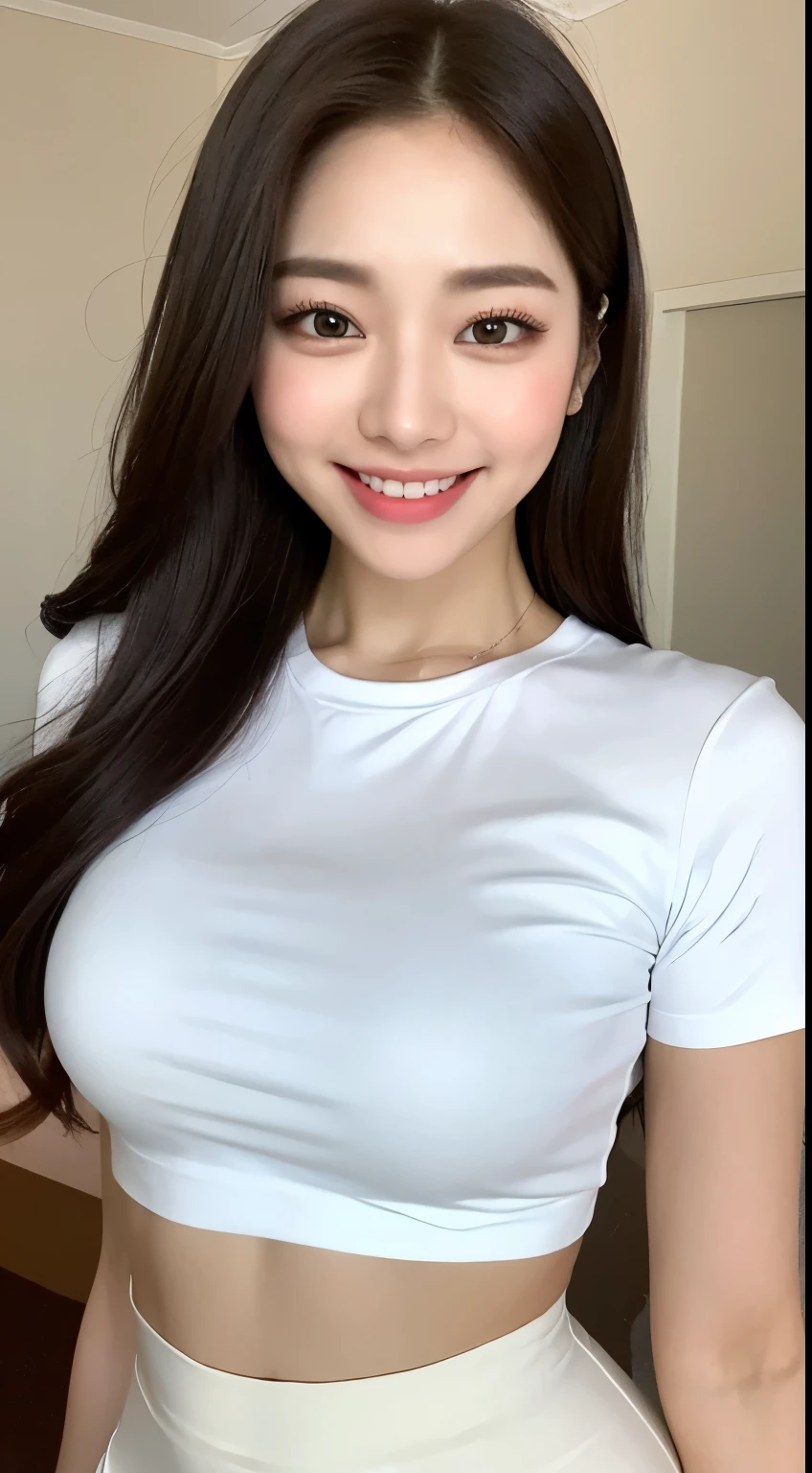 White tight shirt、White tight mini skirt、bed、smile、Short sleeve、high resolution、Korean idol face、double eyelid、White teeth