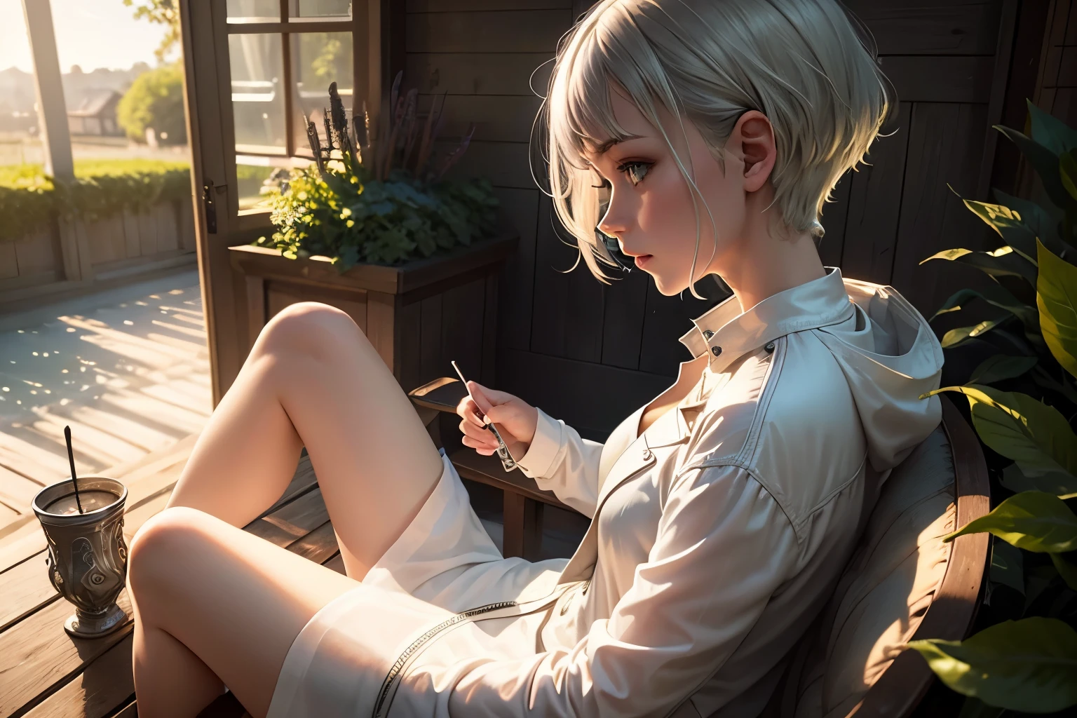 masterpiece, highest quality,Very detailed,Hyper Details, cinematic Light,, One underwear girl, alone, sit, Outdoor, Summer House, sitting in the Summer House, plant, table, chandelier, Candles, Wind, Green Eyes, Pan Green Silver Hair, short hair, Floating Hair, Light, Light frown, profile,View your viewers, dynamic_angle,The see-through happi coat is unbuttoned,nude,On the bed