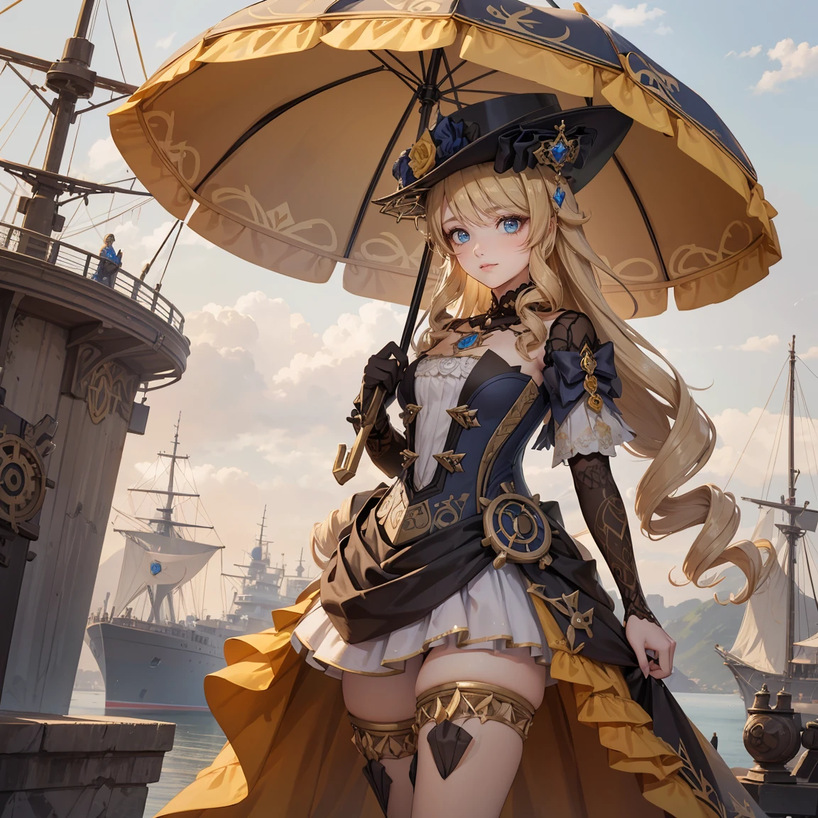 steampunk-style, girl stands on a ship, holding an umbrella. Beautifully detailed eyes and a kind smile on her face. with a beige background. The girl's gaze is directed towards the viewer