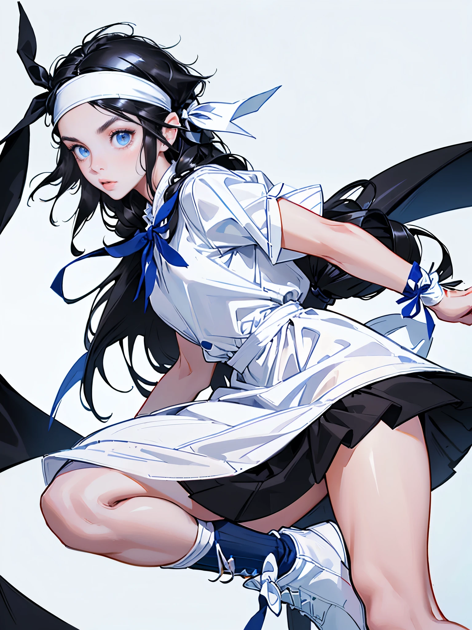 masterpiece, ultra detailed, 8k portrait, RAW photo, portrait photography, highly detailed face, beautiful and meticulous eyes, (black long hair:1.5), parted bangs, blue eyes, (white headband and ribbon:1.5), white center line blue military one-piece uniform, mini skirt, white tights, half boots, wariza, 