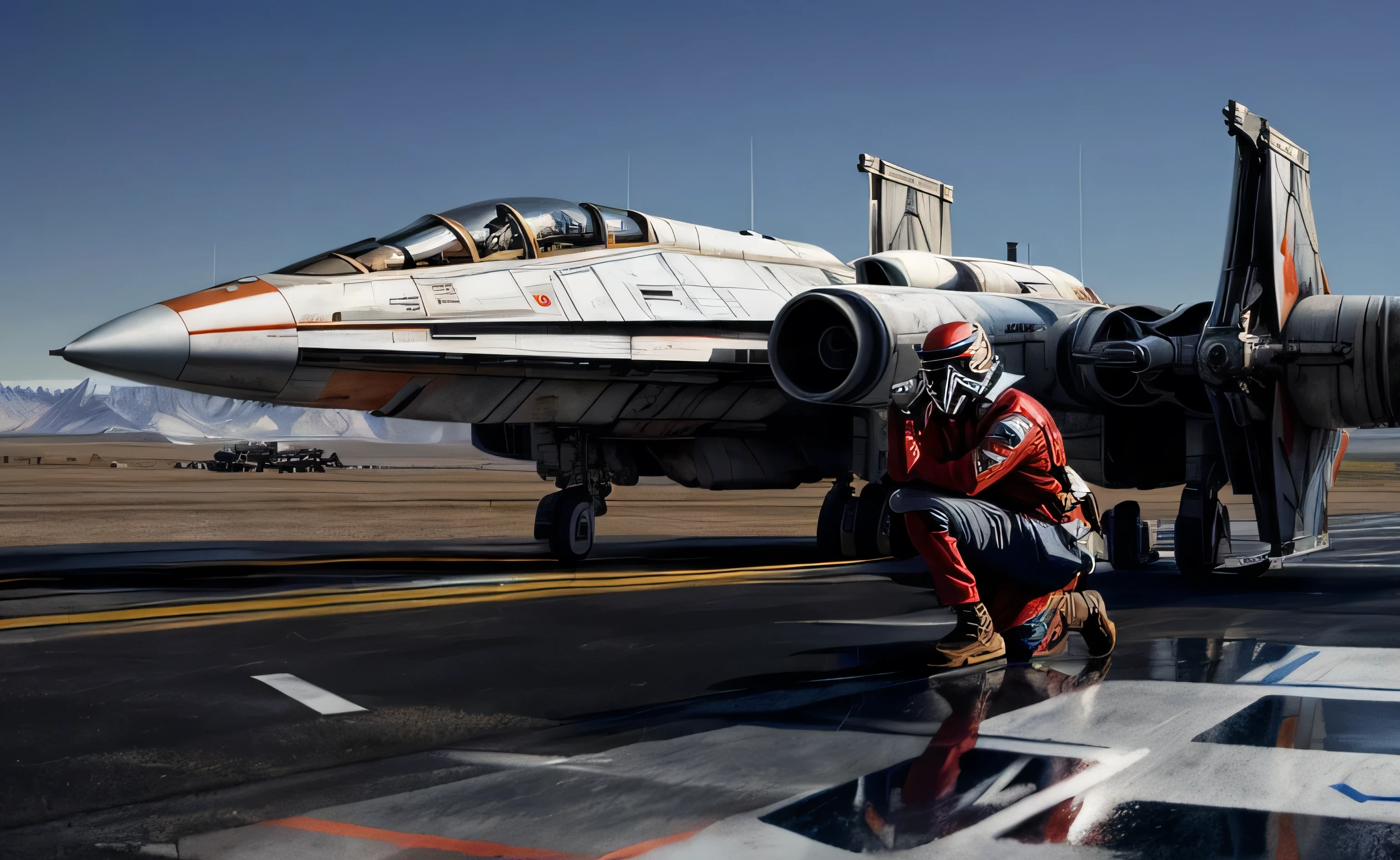 arafed man in red jacket kneeling on a runway near a x-wing starship, blue, star wars atmosphere, starwars, from star wars, in a star wars sequel, hd star wars photo, star wars, reddit meme, meme template, star wars vibe, the force, perfect movie shot, x - wings, star wars character, star wars style, incredible vfx high-saturation 