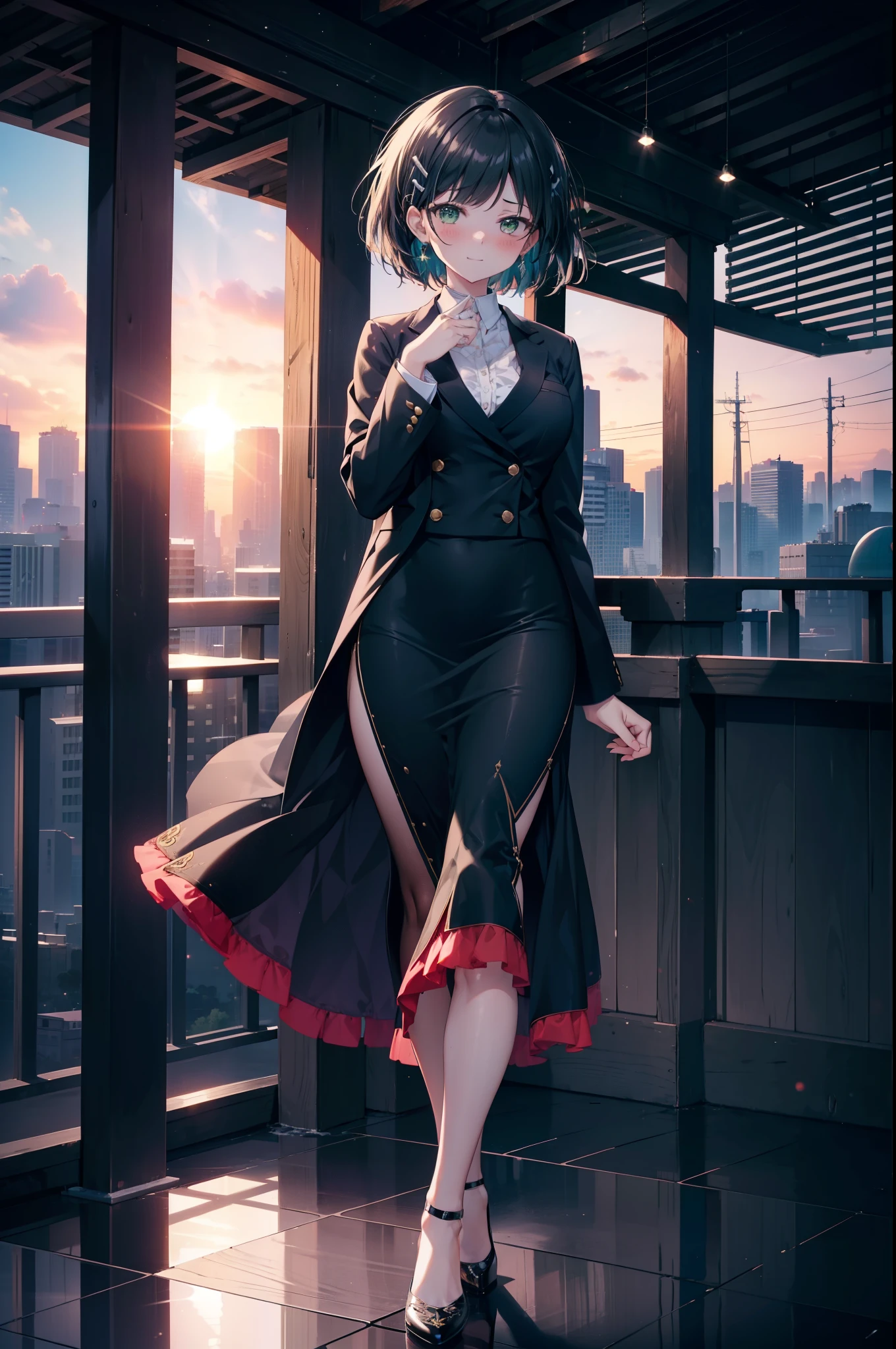 Suguhakirigaya, Suguhakirigaya, (Green Eyes:1.2), hair ornaments, Hair Clip, short hair, Black Hair,smile,blush,happy smile, smile, Open your mouth,OL, Black suit jacket, Collared jacket, White dress shirt, Collared shirt, Neckline, button, Black pencil skirt, Black pantyhose,Stiletto heels,Sunset,evening,The sun is setting,walking,whole bodyがイラストに入るように,
break outdoors, city,construction area,crowd, people々々々,
break looking at viewer, whole body, 
break (masterpiece:1.2), highest quality, High resolution, unity 8k wallpaper, (shape:0.8), (Beautiful details:1.6), Highly detailed face, Perfect lighting, Highly detailed CG, (Perfect hands, Perfect Anatomy),