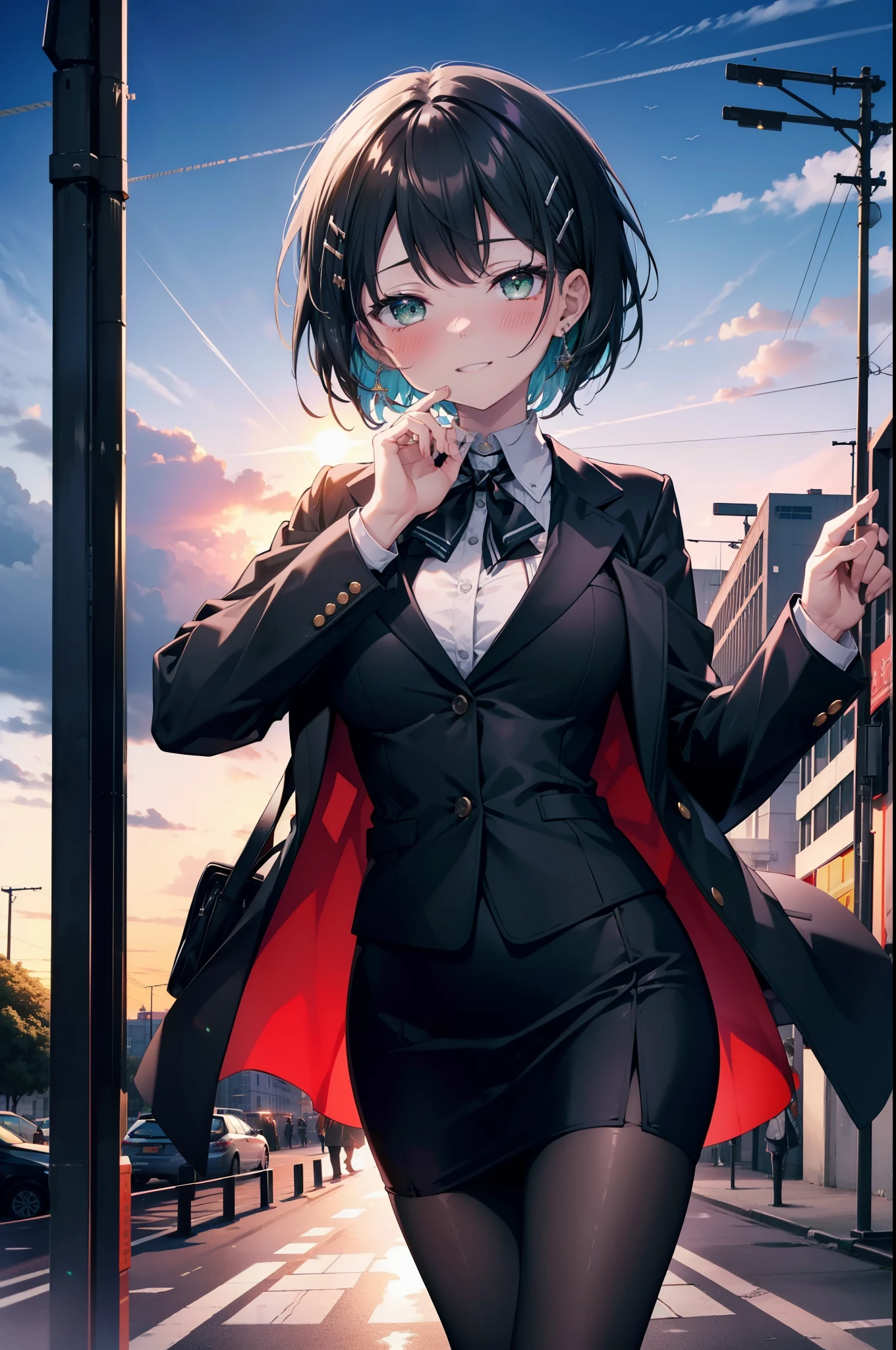 Suguhakirigaya, Suguhakirigaya, (Green Eyes:1.2), hair ornaments, Hair Clip, short hair, Black Hair,smile,blush,happy smile, smile, Open your mouth,OL, Black suit jacket, Collared jacket, White dress shirt, Collared shirt, Neckline, button, Black pencil skirt, Black pantyhose,Stiletto heels,Sunset,evening,The sun is setting,walking,whole bodyがイラストに入るように,
break outdoors, city,construction area,crowd, people々々々,
break looking at viewer, whole body,
break (masterpiece:1.2), highest quality, High resolution, unity 8k wallpaper, (shape:0.8), (Beautiful details:1.6), Highly detailed face, Perfect lighting, Highly detailed CG, (Perfect hands, Perfect Anatomy),