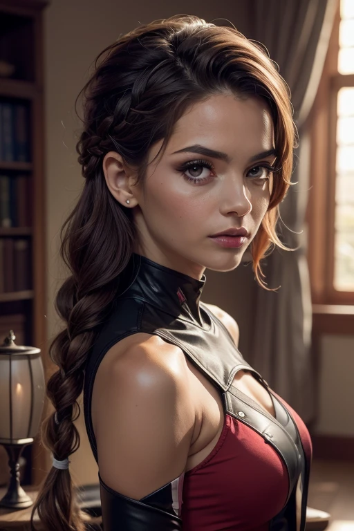 cabelos ruivos (vermelhos), batalha vestida mulher bonita, one side braid, olhos amarelos, smug, arrogante, top de couro preto e vermelho, mascara preta (cobrindo o nariz e a boca), bandages around the arms, Tempos medievais, sombra projetada, tiro largo, High detail, anatomicamente correto, master part, Altas, alta qualidade, Detalhes altos, 8k, retina, cabelos vermelhos