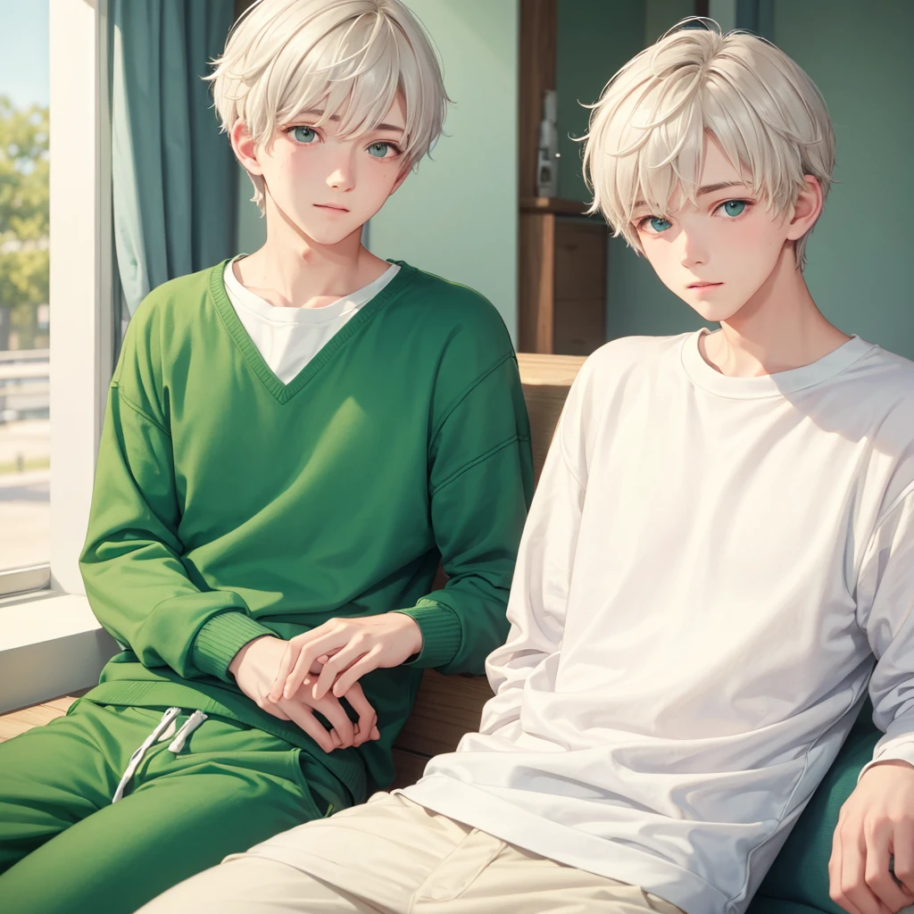 Soft boy with twenty years old,white shortcut hair,green sleepy eyes ,soft smile,sweatshirt 