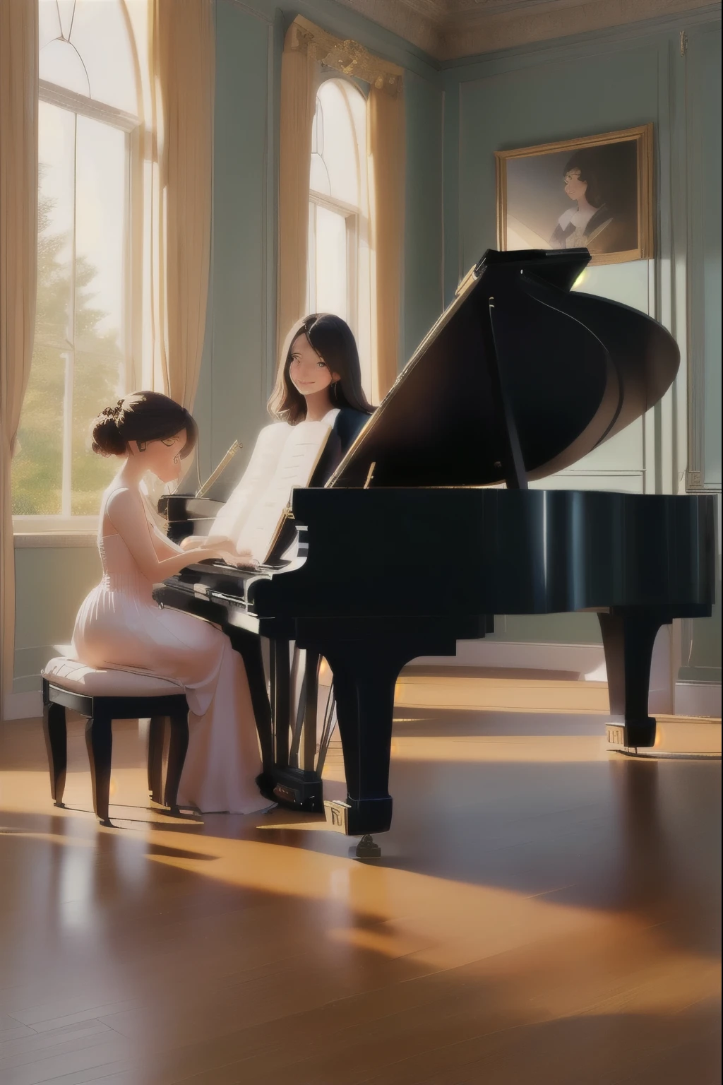woman and playing piano in large room with fireplace and windows, playing piano, grand piano, pianist, musician, piano,The mother smiled at her daughter， children, Play the piano together, Cartoon style，inside a grand, professionally, 3 / 4 view portrait, elaborate composition, children's, artists, wide portrait, elaborate, kawai, portrait shot