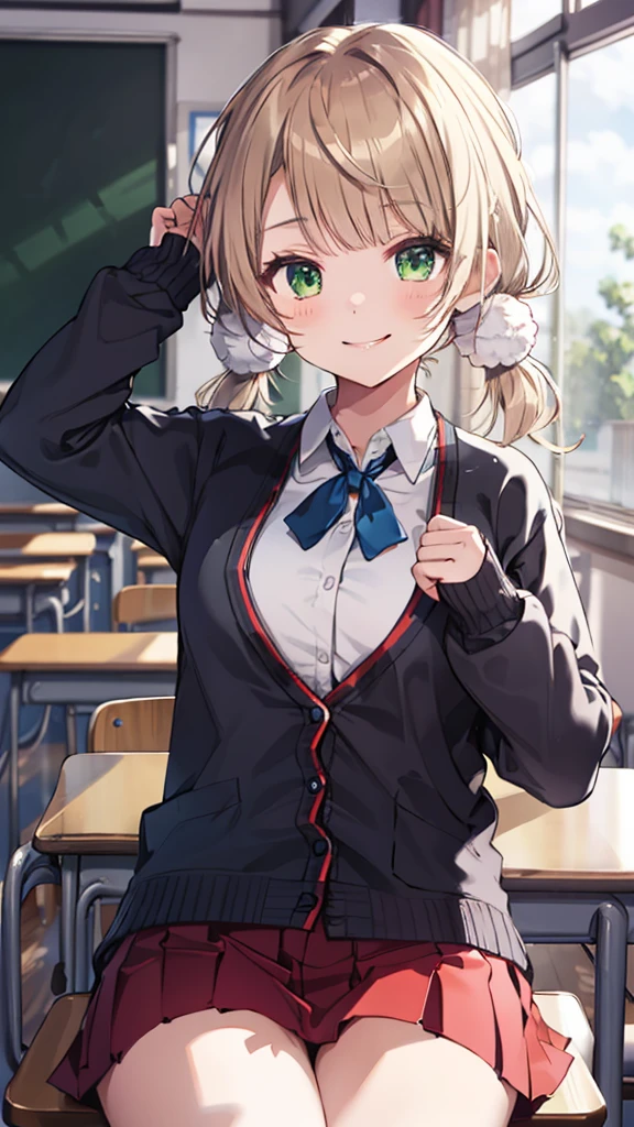 masterpiece, highest quality, High resolution, UI2, One girl, alone, Green Eyes, alone, Red Skirt, White shirt, Low twin tails, Pom-pom \(Clothes\), Collared shirt, Blue ribbon,, Long sleeve, cardigan,Swimsuit,Cowboy Shots, Sitting, classroom, machine, Put your hands on the table, smile, Show your armpits, Raise your arms