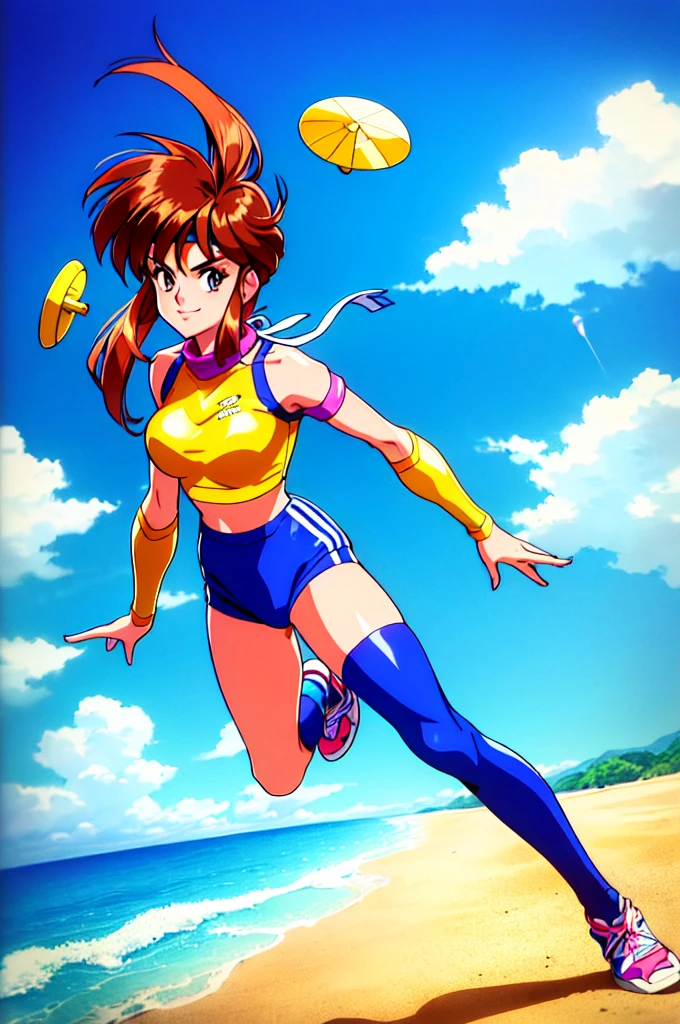 (perfect composition),imagined a girl in extreme sport outfit playing to a flying disc game in a beach arena game sport, masterpiece, ultra-detailed, 80's anime (style), 2D, megapixel, perfectionism, full HD , 4K, (windjammers), windjammers sport game, windjammers 2 (((((solo mature anime woman,)))))++++++++++++++++++, looking at viewer, full body, brown hair and pink hair, short hair, weird hair, smile, lips, eyelashes, medium breasts, gym uniform, uniform, gym shorts, headband, sports bra, elbow pad, knee pad, extreme sports outfit 80's theme, beach background, playing flying disc game on a beach court game, sea, sun in the sky, sports wear