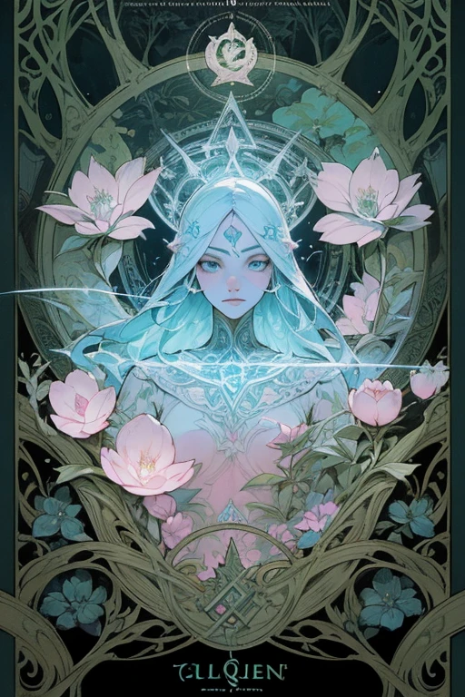 Gorgeous and beautiful Elven warrior queen tarot card, Fractal Magic, Travis Charest-style illustrations, Ink line art, Poster, Elle Fanning Model, society, Fantasy art, detailed illustration, Mysterious, Botanical masterpiece, detailed, Surreal, Elements of symbolism and surrealism, Intricate Design, Intertwined, Beautiful woman, Flowers, pastel.Strong contrast、