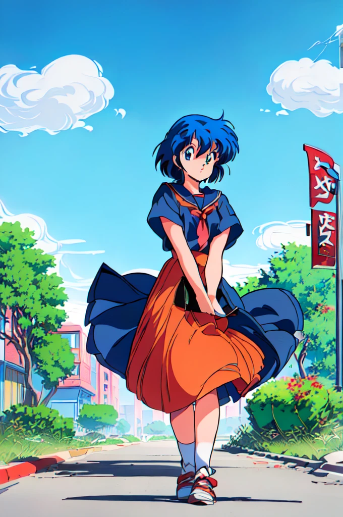 (perfect composition),anime character Sukeban delinquent girl standing on a city street corner in black seifuku with black very long skirt, anime style. 8k, anime style mixed with fujifilm, retro anime girl, anime styled digital art, in tokyo, anime style illustration, anime style 4 k, anime style artwork, anime poster film still portrait, tokyo anime scene, modern anime style, anime style digital art, short hair, 26year old, red converse,