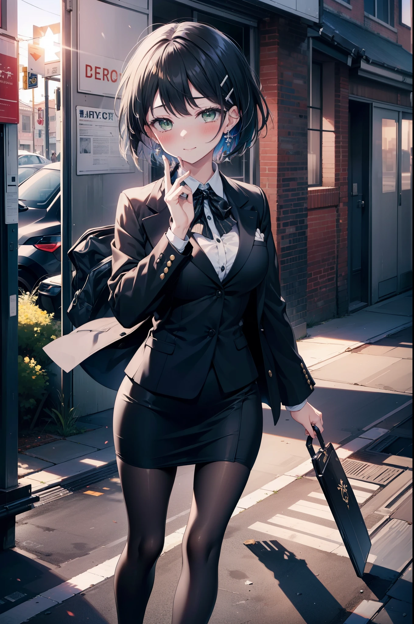Suguhakirigaya, Suguhakirigaya, (Green Eyes:1.2), hair ornaments, Hair Clip, short hair, Black Hair,smile,blush,happy smile, smile, Open your mouth,OL, Black suit jacket, Collared jacket, White dress shirt, Collared shirt, Neckline, button, Black pencil skirt, Black pantyhose,Stiletto heels,Sunset,evening,The sun is setting,walking,whole bodyがイラストに入るように,
break outdoors, city,construction area,crowd, people々々々,
break looking at viewer, whole body, 
break (masterpiece:1.2), highest quality, High resolution, unity 8k wallpaper, (shape:0.8), (Beautiful details:1.6), Highly detailed face, Perfect lighting, Highly detailed CG, (Perfect hands, Perfect Anatomy),