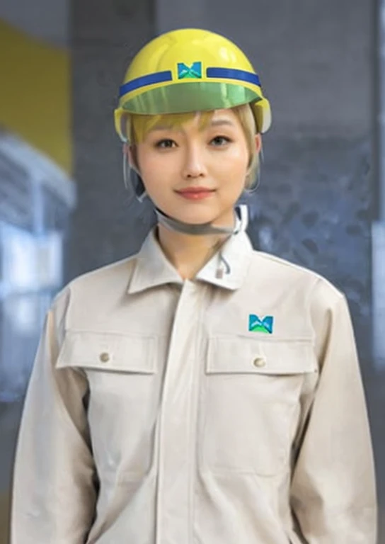 Beige workwear,Helmet with chin strap,Blonde Bob,Japanese women