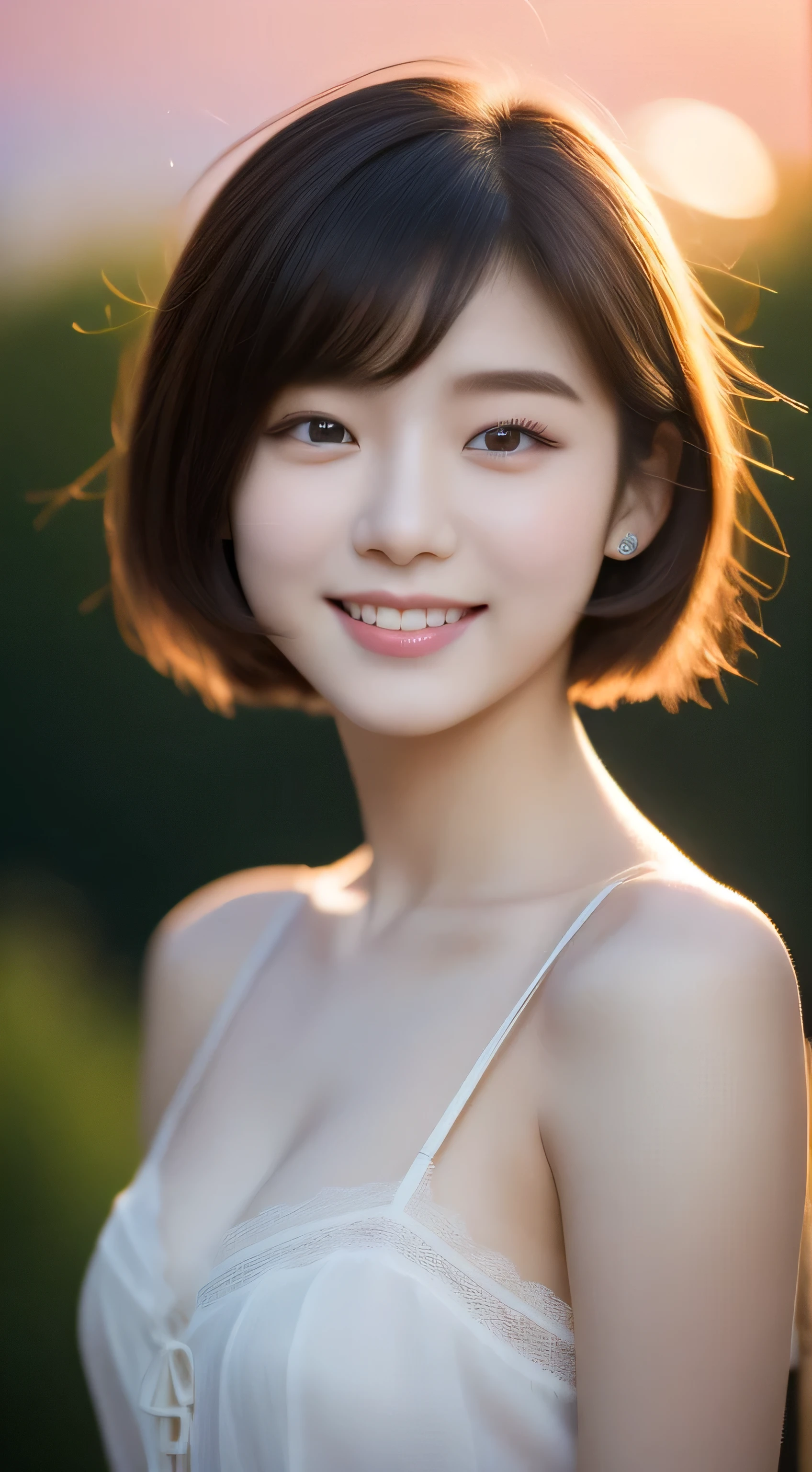 (original photography), (realism), (masterpiece), (top quality), high resolution, 16k resolution, 1 cute real photo of Korean stars,18 years old,(short hair), (messy hair),White skin, Light makeup, (Bust 22 inches), Smile, Wearing an camisole, In the Japanese Garden, Sunset lights, Close-up portrait, Ultra HD