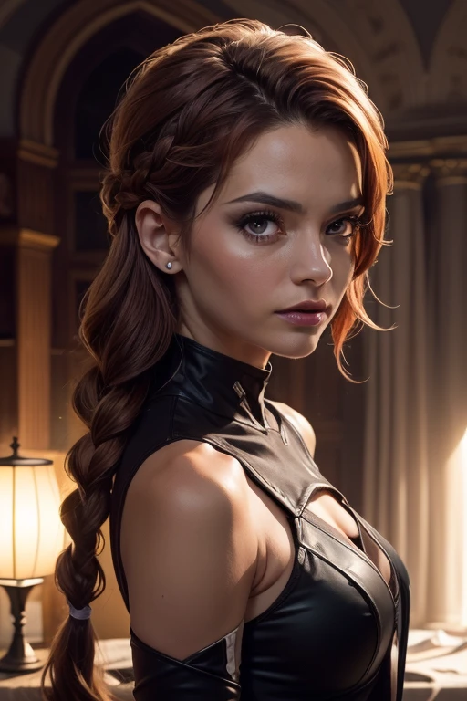 cabelos ruivos (vermelhos), batalha vestida mulher bonita, one side braid, olhos amarelos, smug, arrogante, top de couro preto e vermelho, mascara preta (cobrindo o nariz e a boca), bandages around the arms, Tempos medievais, sombra projetada, tiro largo, High detail, anatomicamente correto, master part, Altas, alta qualidade, Detalhes altos, 8k, retina, cabelos vermelhos