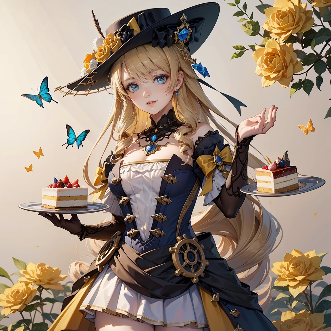 The girl has beautifully detailed eyes and a kind smile on her face. The girl is holding a plate of cake in her hand.........butterflies fly on a beige background many yellow flowers on in steampunk style .... The work must be of the highest quality.., be a masterpiece, and have high resolution details.,Girl up to the waist