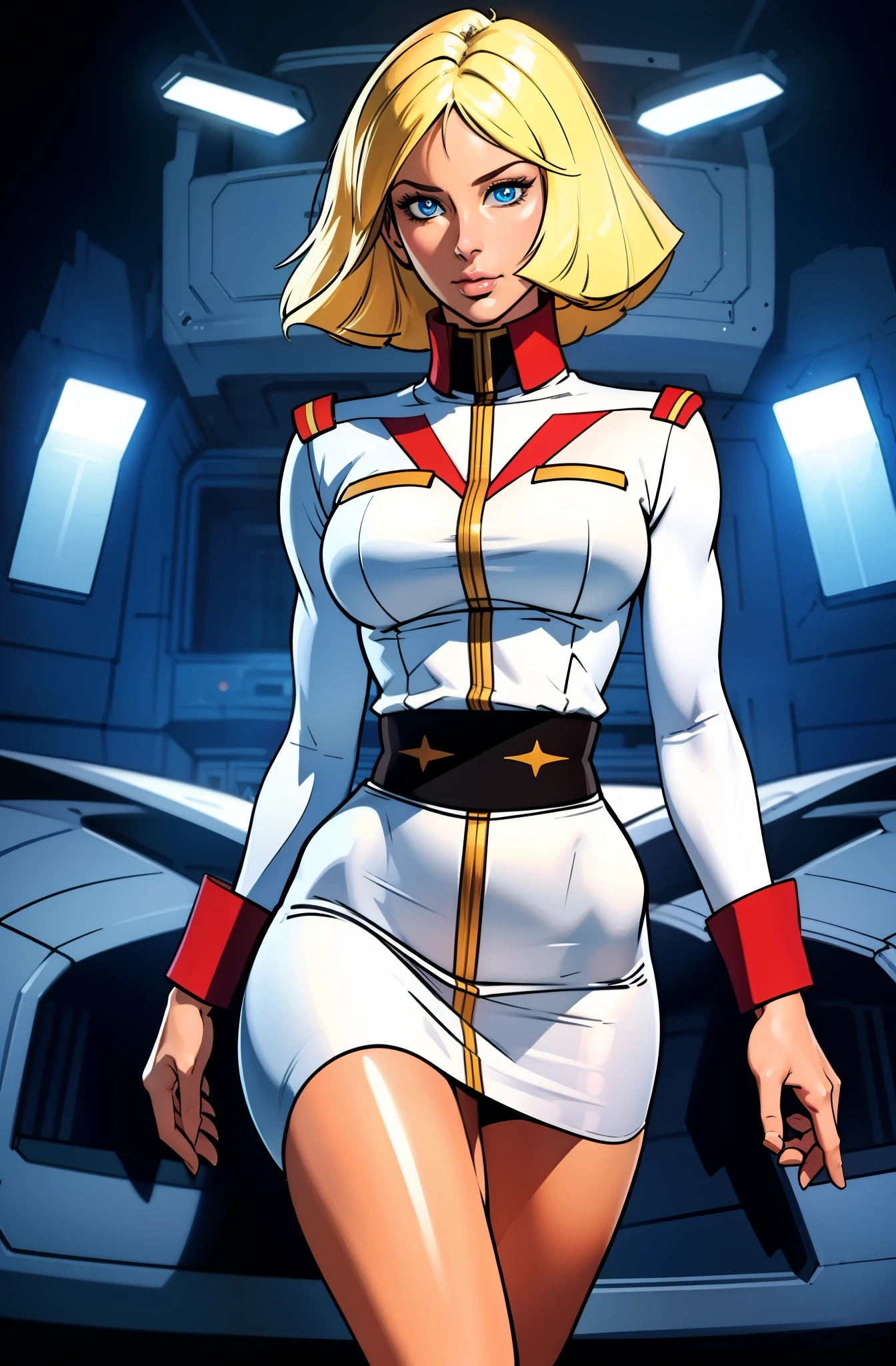 ((masterpiece)), ((cinematic lighting)), realistic photo、Real Images、Top image quality、1girl in, sayla mass, Elegant, masterpiece, Convoluted, slim arms, wide hips, thick thighs, Best Quality, absurderes, high face detail, Perfect eyes, mature, Cowboy Shot, , Vibrant colors, White uniform, Skirt,