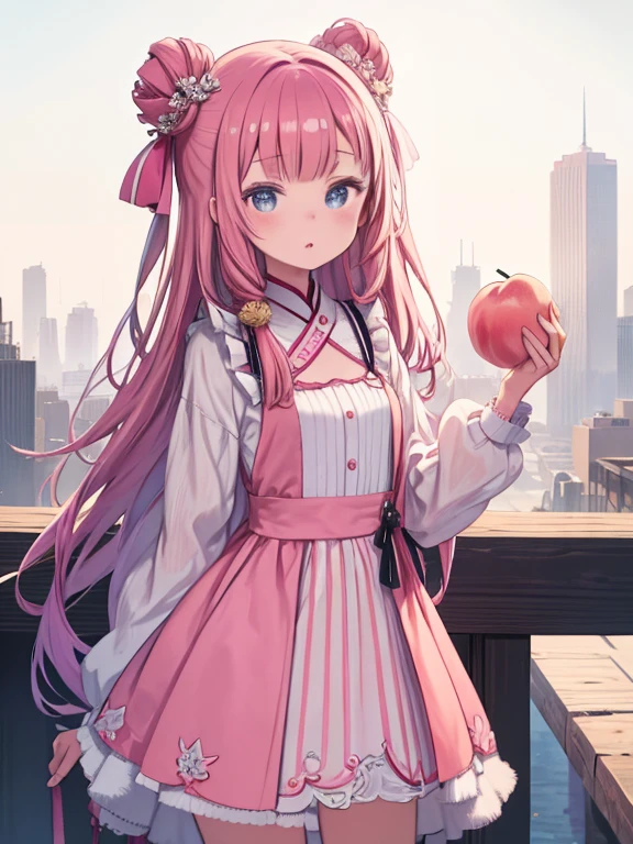 masterpiece、highest quality、High resolution、Very detailed、close、medium wide shot、girl、holding a peach in your hand、Cute pink outfit