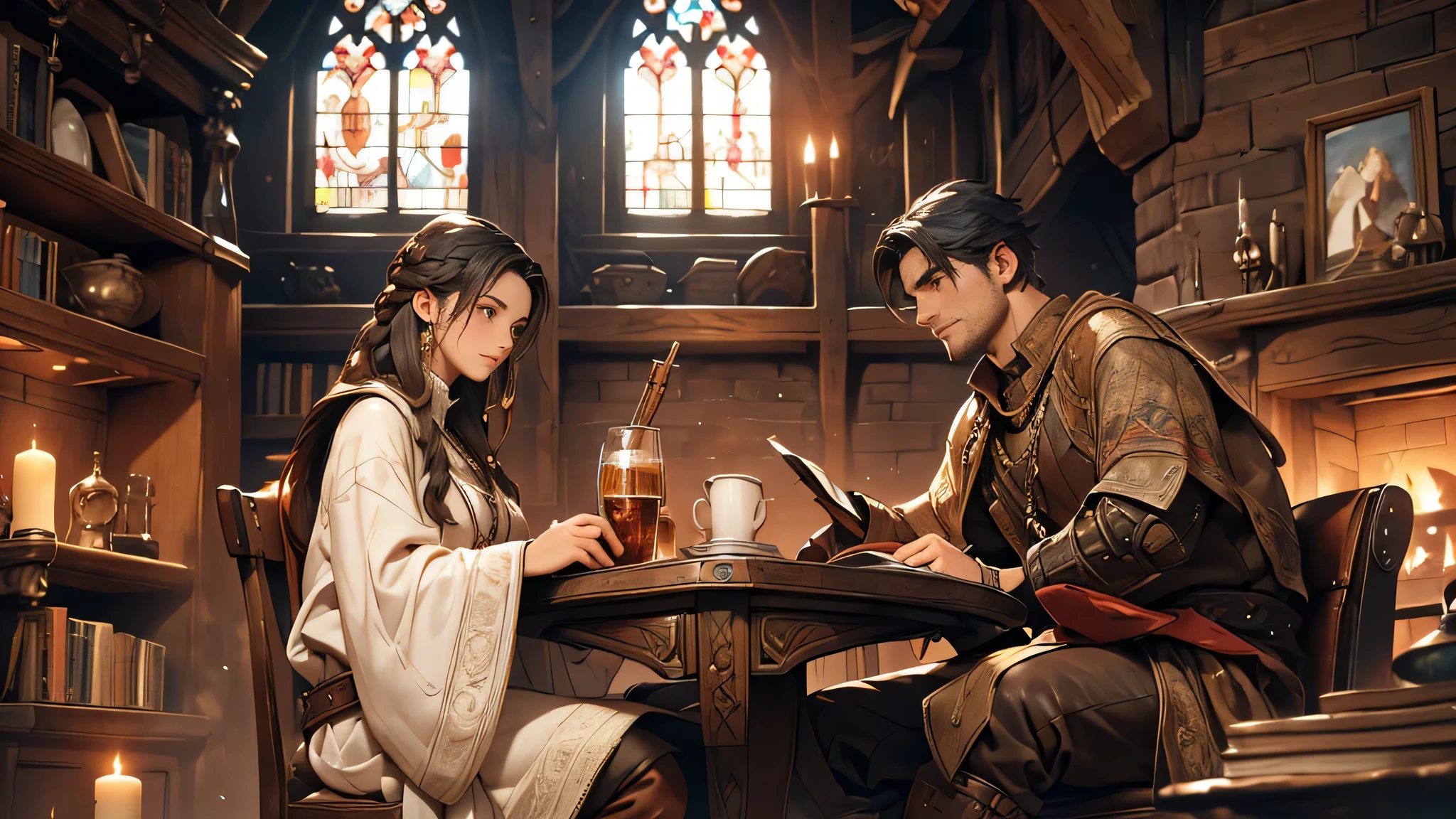 (highres,masterpiece:1.2),ultra-detailed,medieval fantasy,a girl with long black braided hair,talkative demeanor,expressive face,living room setting,adventure clothes in black,eye-catching outfit,sturdy leather boots,young man in shabby white clothes,genuine expression,cozy atmosphere,romantic candlelight,aged wooden furniture,elaborate decorations on the walls,vibrant tapestries,crackling fireplace,historical charm,bookshelf filled with ancient manuscripts,worn-out leather armchairs,high vaulted ceiling with exposed wooden beams,mysterious artifacts and weapons displayed along the walls,sunlight filtering through stained glass windows,oakwood dining table,unusual medieval-themed decorations,artificially aged antique mirror,curtains made of rich velvet fabric,intricate patterns,deep color palette,soft and warm lighting,peaceful ambiance,engrossed in conversation.