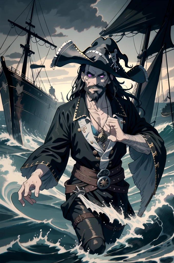 best quality,ultra-detailed,(realistic:1.37),medium:oil painting,man with pirate's cloth,evil laugh,detailed eyes,detailed lips,beard,rough sea in the background,treasure chest,skull symbol on the cloth,dark atmosphere,menacing look,high contrast lighting,ominous colors,various shades of black,menacing expression,shadows and highlights,haunting vibe,ominous clouds,stormy weather,rough waves,wrinkles on the face,dripping water from the cloth,smoke from a hidden ship,windy atmosphere,shipwreck in the distance,piercing gaze,pirate hat,flashing gold coins,sparkling gemstones,fierce pirate sword,captivating smirk,hidden treasure,ancient map in hand,glowing eyes,billowing sails,haunting laughter,sharp teeth,harsh shadows