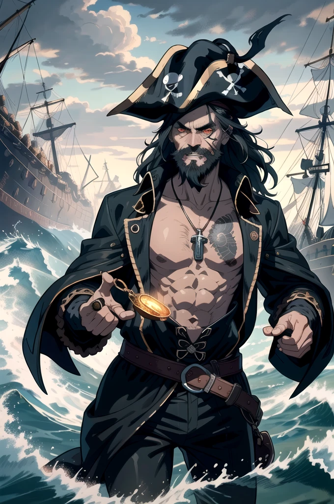 best quality,ultra-detailed,(realistic:1.37),medium:oil painting,man with pirate's cloth,evil laugh,detailed eyes,detailed lips,beard,rough sea in the background,treasure chest,skull symbol on the cloth,dark atmosphere,menacing look,high contrast lighting,ominous colors,various shades of black,menacing expression,shadows and highlights,haunting vibe,ominous clouds,stormy weather,rough waves,wrinkles on the face,dripping water from the cloth,smoke from a hidden ship,windy atmosphere,shipwreck in the distance,piercing gaze,pirate hat,flashing gold coins,sparkling gemstones,fierce pirate sword,captivating smirk,hidden treasure,ancient map in hand,glowing eyes,billowing sails,haunting laughter,sharp teeth,harsh shadows