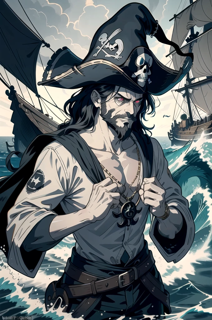 best quality,ultra-detailed,(realistic:1.37),medium:oil painting,man with pirate's cloth,evil laugh,detailed eyes,detailed lips,beard,rough sea in the background,treasure chest,skull symbol on the cloth,dark atmosphere,menacing look,high contrast lighting,ominous colors,various shades of black,menacing expression,shadows and highlights,haunting vibe,ominous clouds,stormy weather,rough waves,wrinkles on the face,dripping water from the cloth,smoke from a hidden ship,windy atmosphere,shipwreck in the distance,piercing gaze,pirate hat,flashing gold coins,sparkling gemstones,fierce pirate sword,captivating smirk,hidden treasure,ancient map in hand,glowing eyes,billowing sails,haunting laughter,sharp teeth,harsh shadows